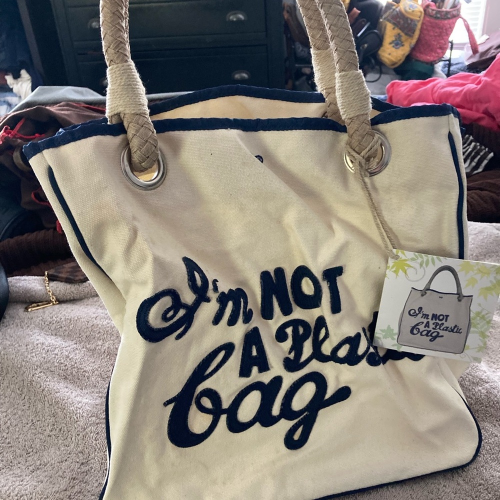 I’m not a plastic bag Canvas Tote Bag - Cream and Navy.  From Whole Foods.